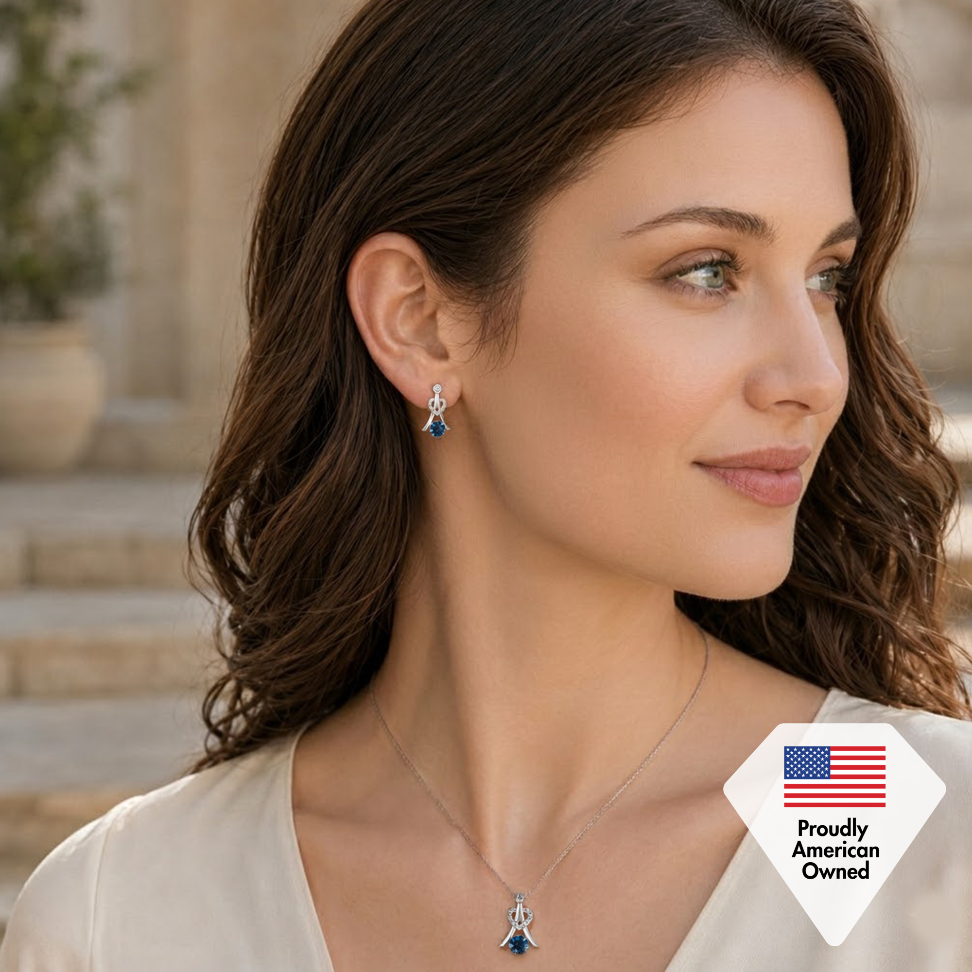 Serenity Birthstone 18k White Gold Plated Drop Earrings and Necklace Set with Swarovski Crystals