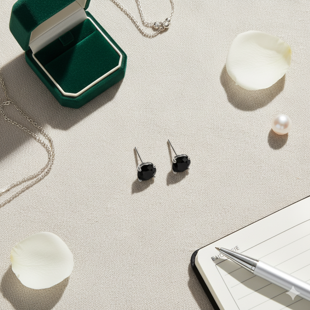 Dina 18k White Gold Plated Stud Earrings with Black Gemstone — Fab Fav Sale