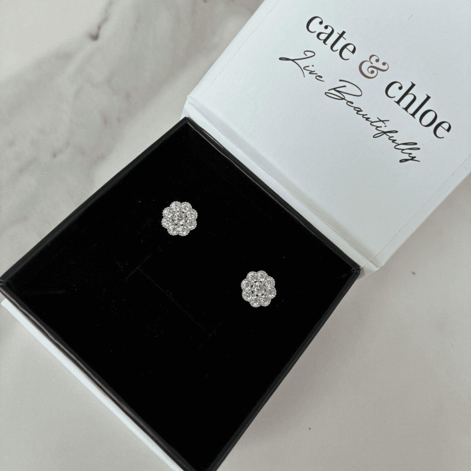 Alyssa 18k White Gold Plated Flower Stud Earrings with Simulated Diamond Crystals