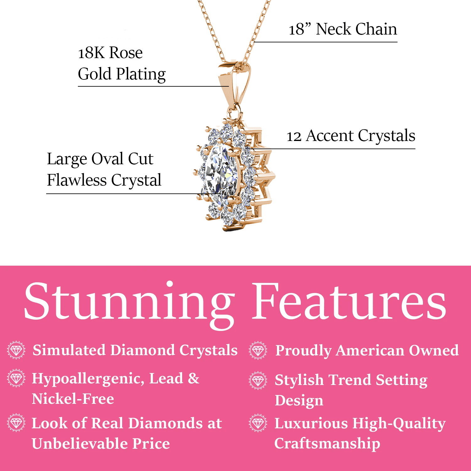 Sage 18k White Gold Plated Pendant Necklace with Oval Cut Simulated Diamond Crystals