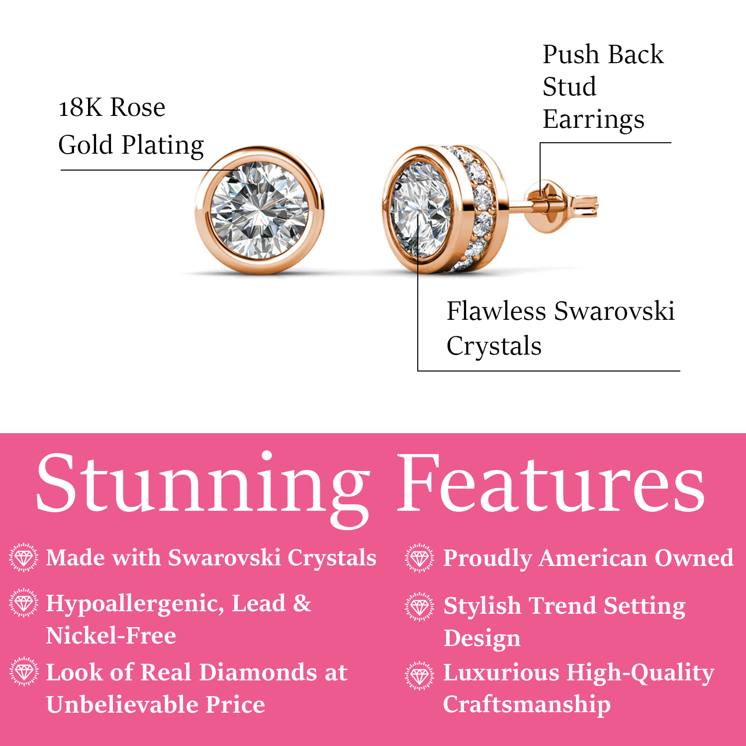 Mae 18k White Gold Plated Stud Earrings with Round Cut Swarovski Crystals