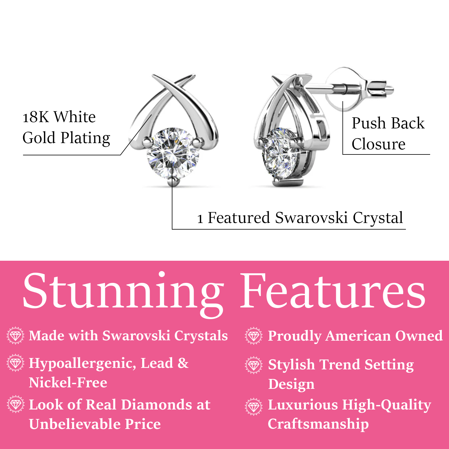 Eloise 18k White Gold Plated Stud Halo Earrings with Solitaire Round Cut Swarovski Crystal