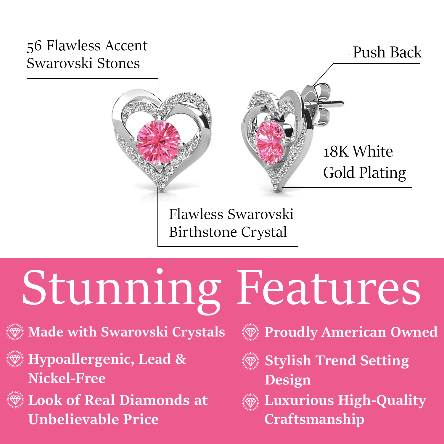 Forever Birthstone 18k White Gold Plated Double Heart Stud Earrings with Swarovski Crystals