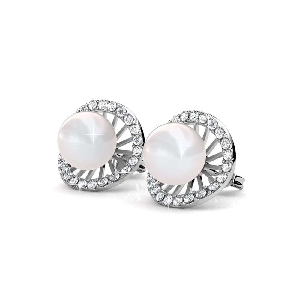 Nina 18k White Gold Classic Pearl Halo Stud Earrings with Swarovski Crystals