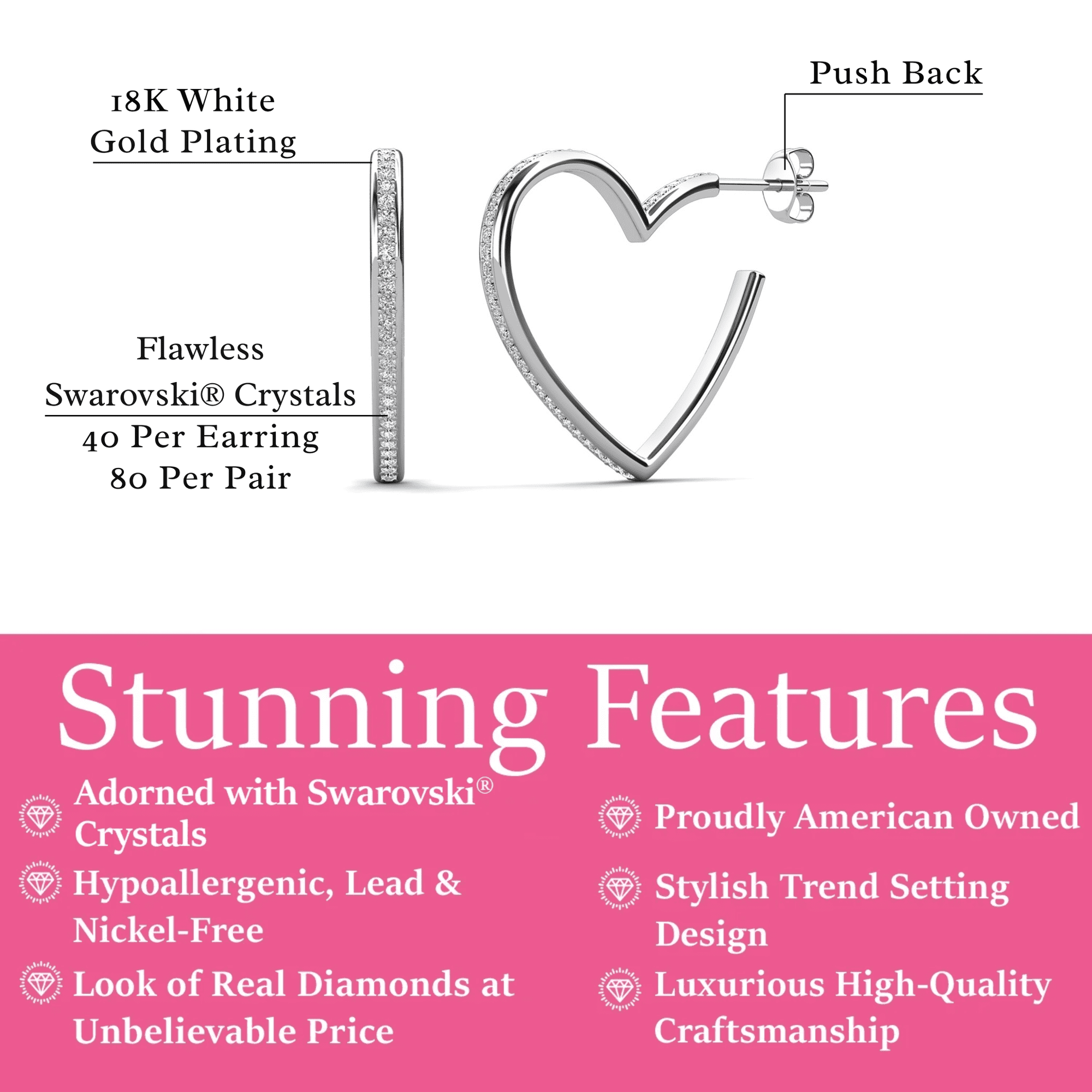 Sylvia 18k White Gold Plated 25mm Heart Hoop Earrings with Swarovski Crystals