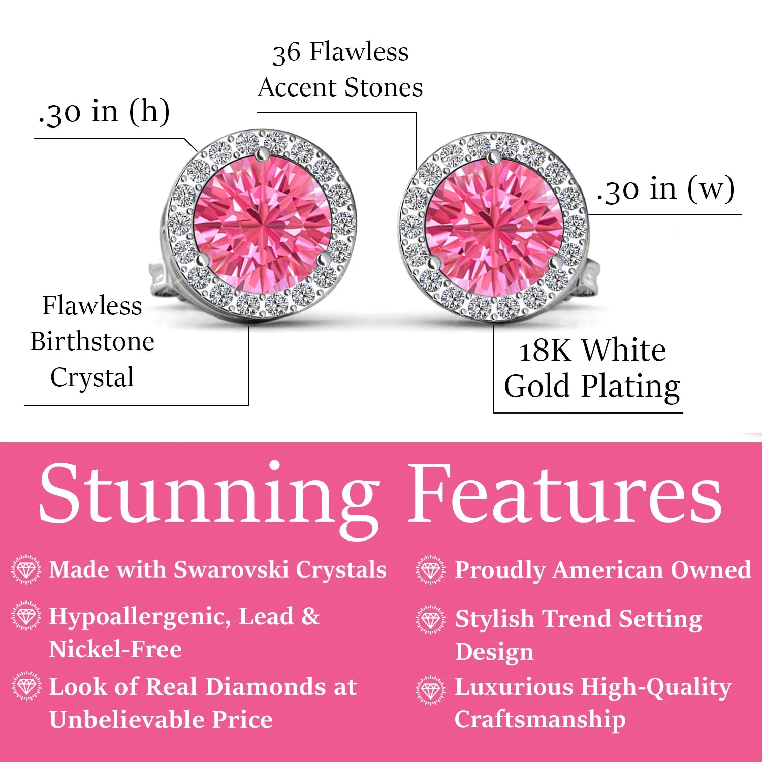 Royal 18k White Gold Plated Birthstone Halo Earrings with Round Cut Swarovski Crystals