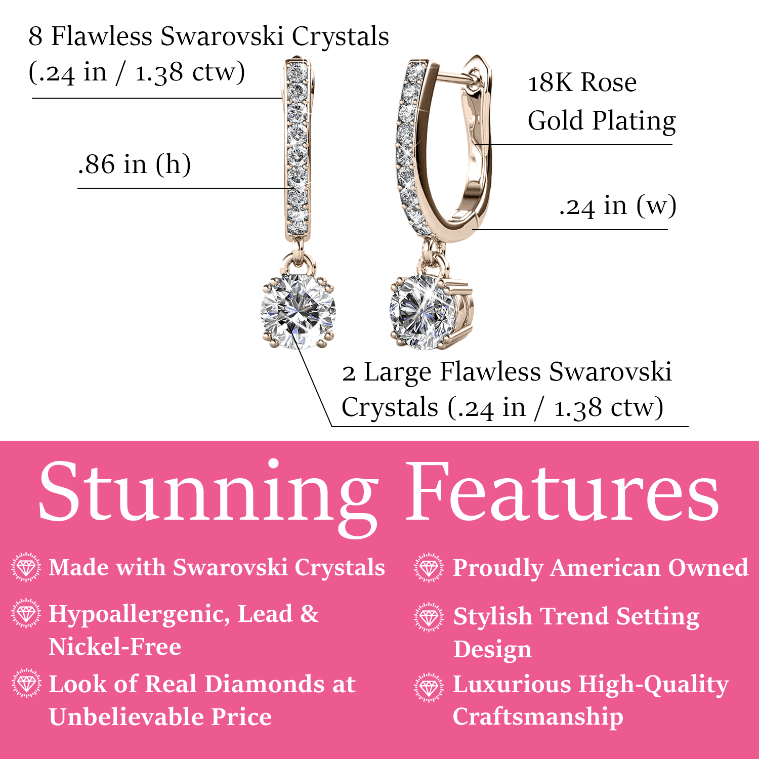 McKenzie 18k White Gold Plated Drop Dangle Earrings with Swarovski Crystals for Women