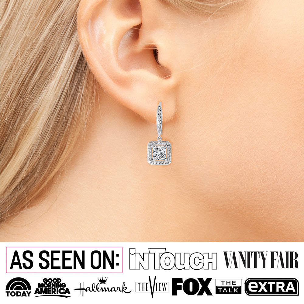 Ivy "Faithful" 18k White Gold Princess Cut CZ Crystal Halo Drop Earrings