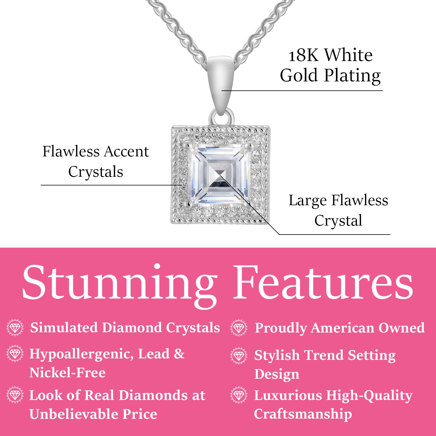 Rebecca 18k White Gold Plated Silver Necklace with Princess Cut Simulated Diamond CZ Crystals