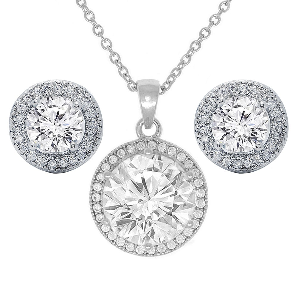 Gwendolyn 18k White Gold Round Cut CZ Halo Stud Earring and Necklace Set