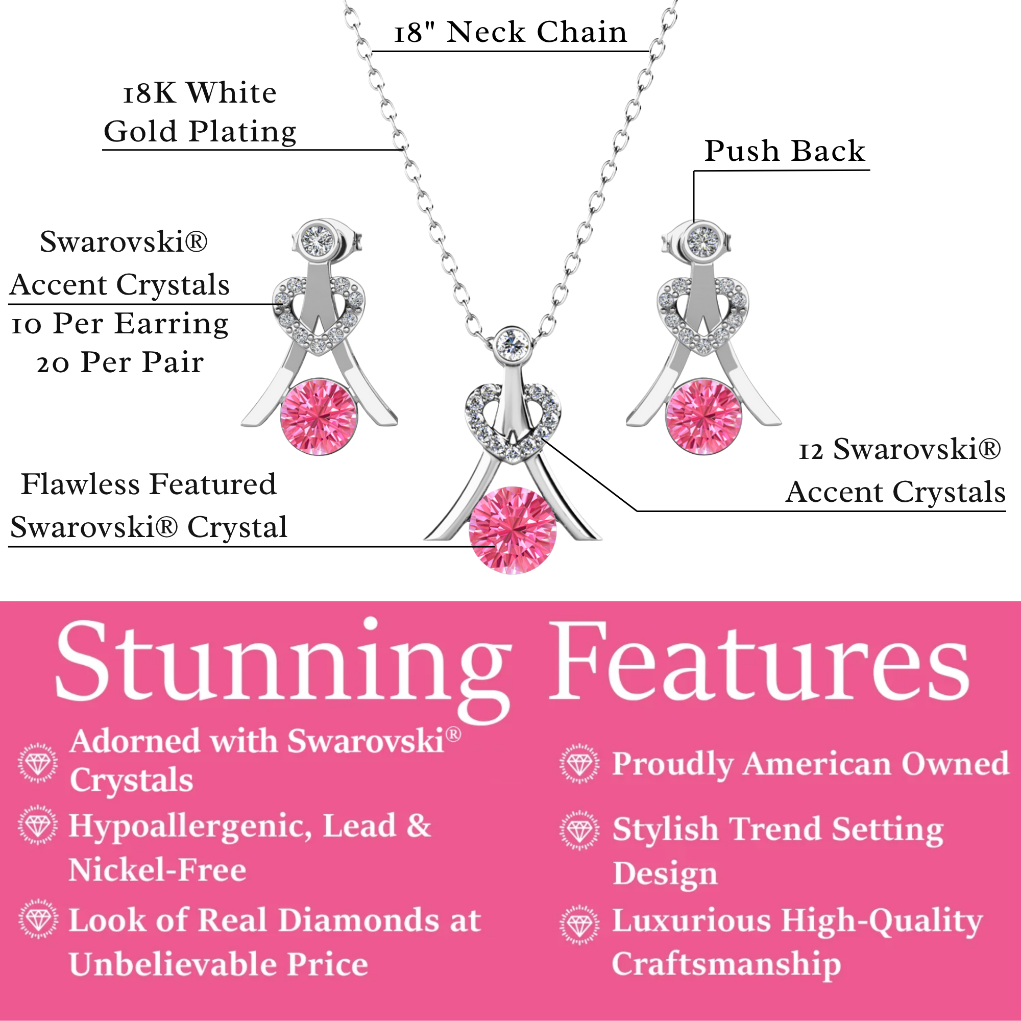 Serenity Birthstone 18k White Gold Plated Drop Earrings and Necklace Set with Swarovski Crystals