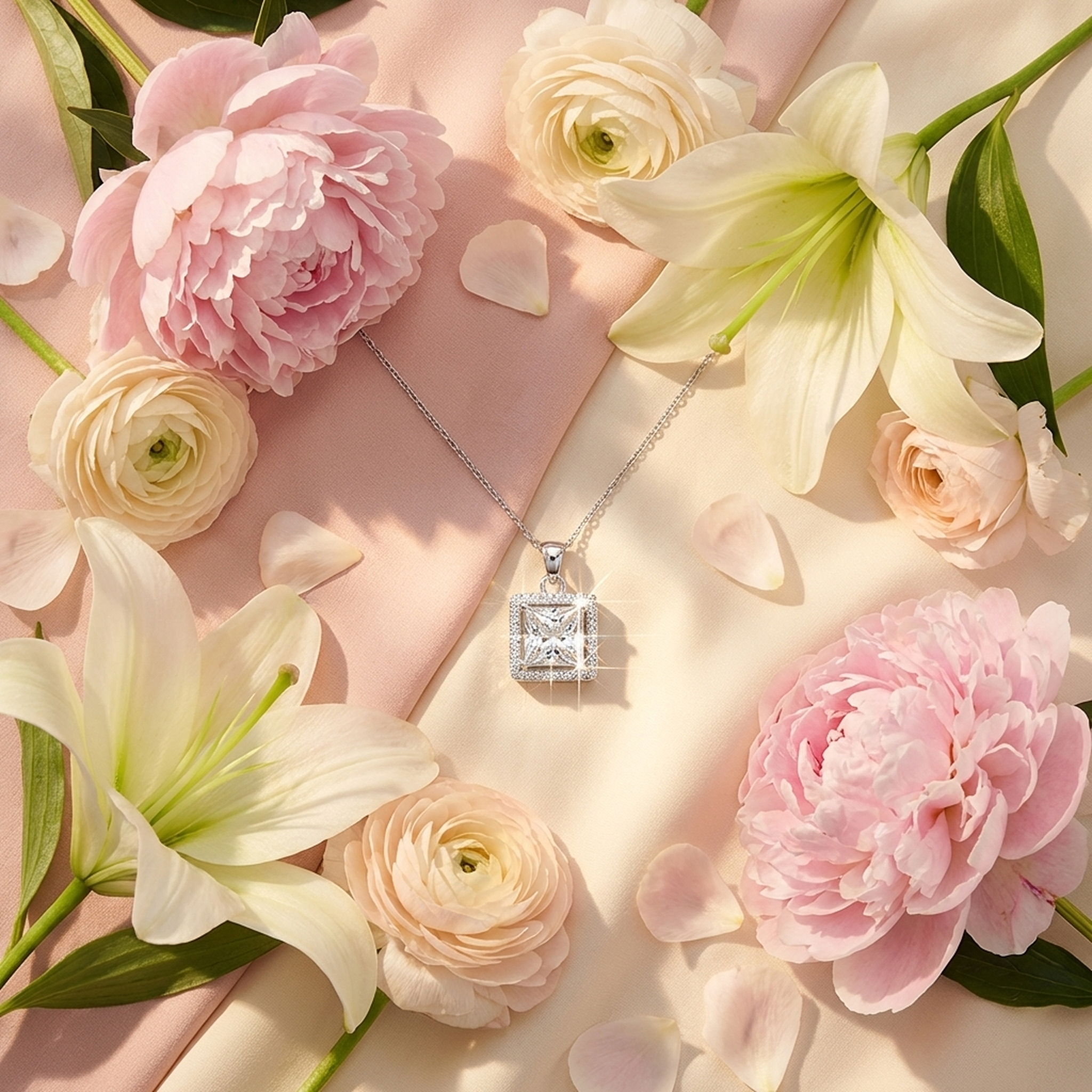 Ekatrina 18k White Gold Plated Halo Pendant Necklace with Sparkling Square Cut Swarovski Crystal - FAB FAV