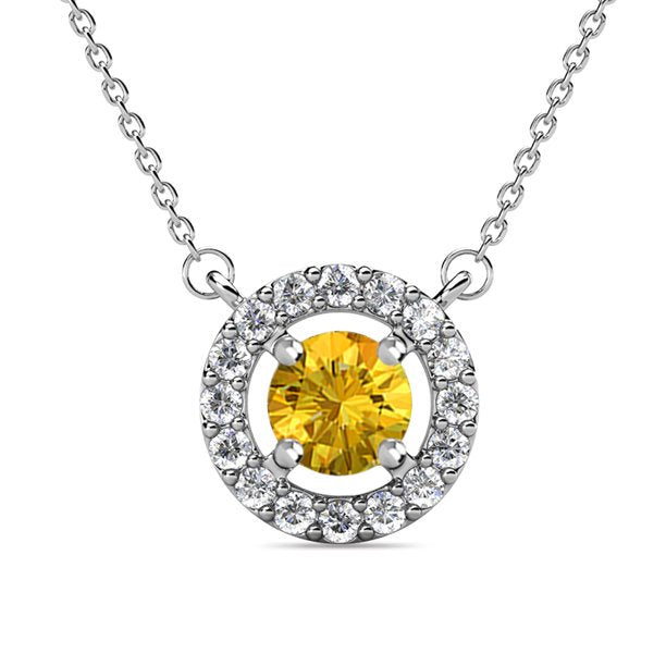 Royal Necklace - 18k White Gold Plated Birthstone Round Cut Crystal Halo Necklace