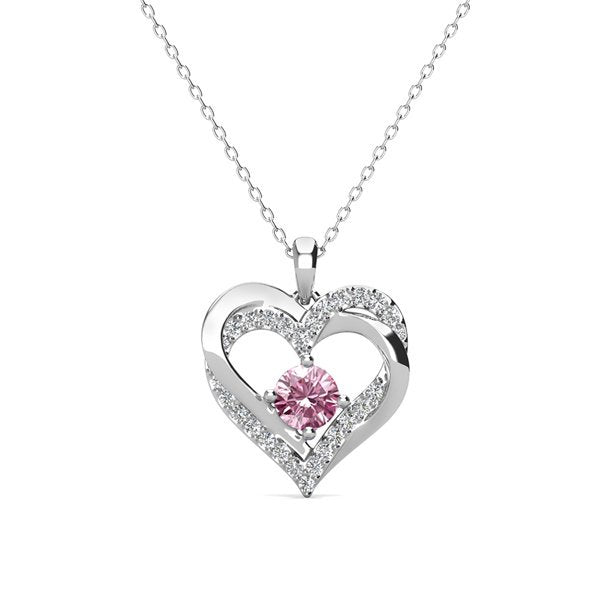 Forever 18k White Gold Plated Birthstone Double Heart Necklace with Crystals