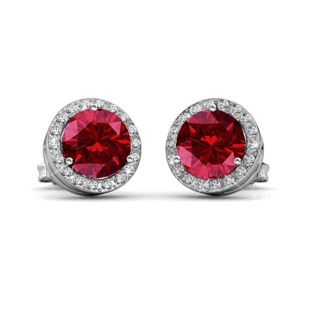 Royal Earrings - 18k White Gold Plated Birthstone Round Cut Crystal Halo Earrings