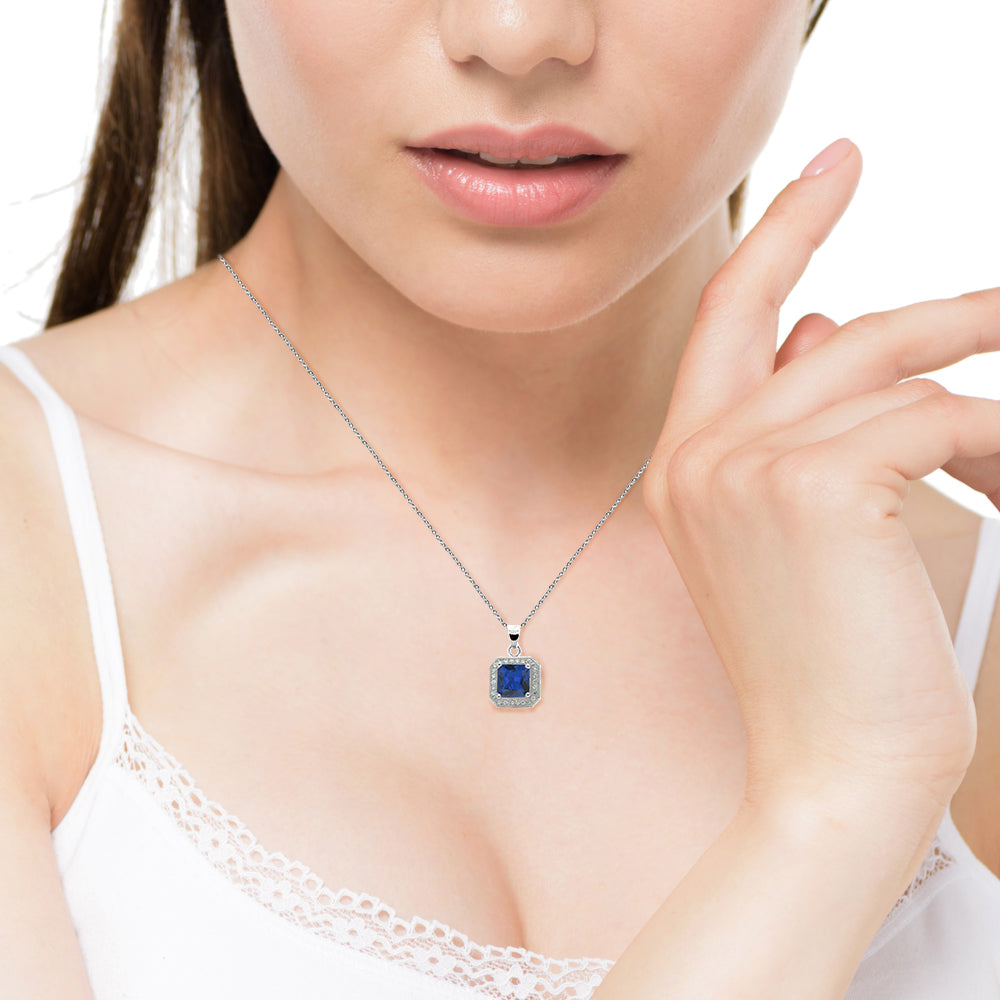 Londyn 18K 白金公主方形切割彩色方晶锆石光环项链和耳环珠宝套装