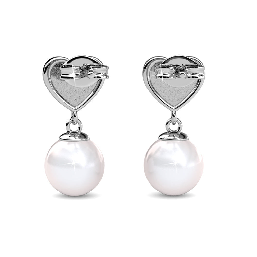 Kenley 18k White Gold Pearl Stud Earrings with Heart Shaped Swarovski Crystals