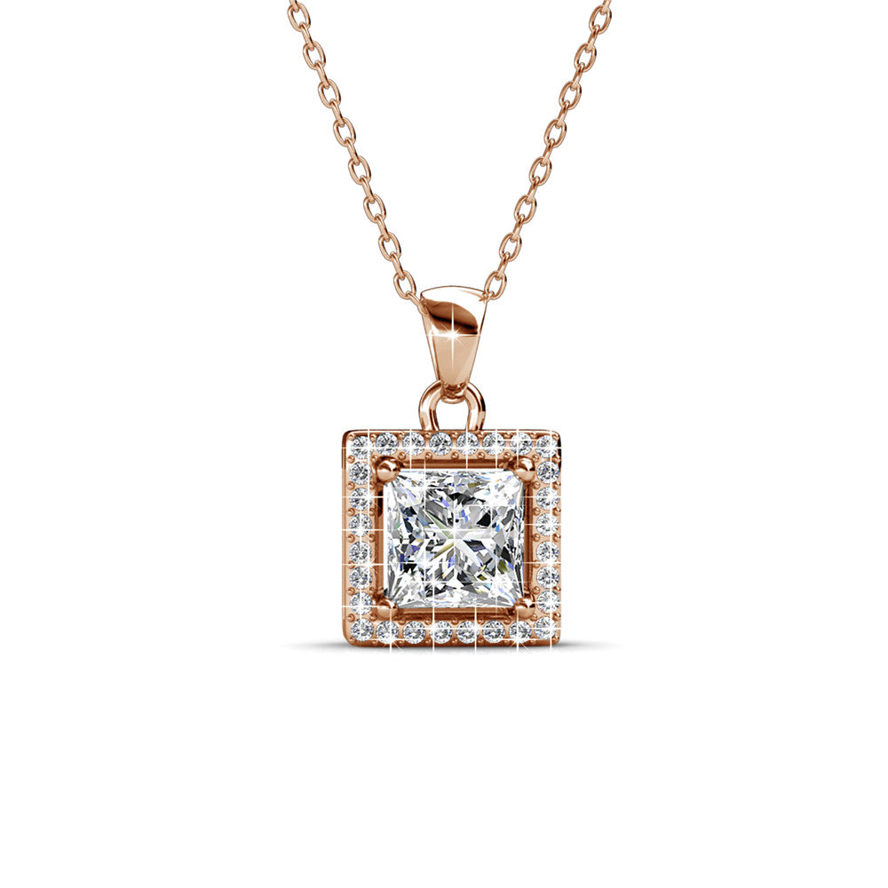 Ekatrina "Pure" 18k White Gold Plated Halo Pendant Necklace with Sparkling Square Cut Swarovski Crystal