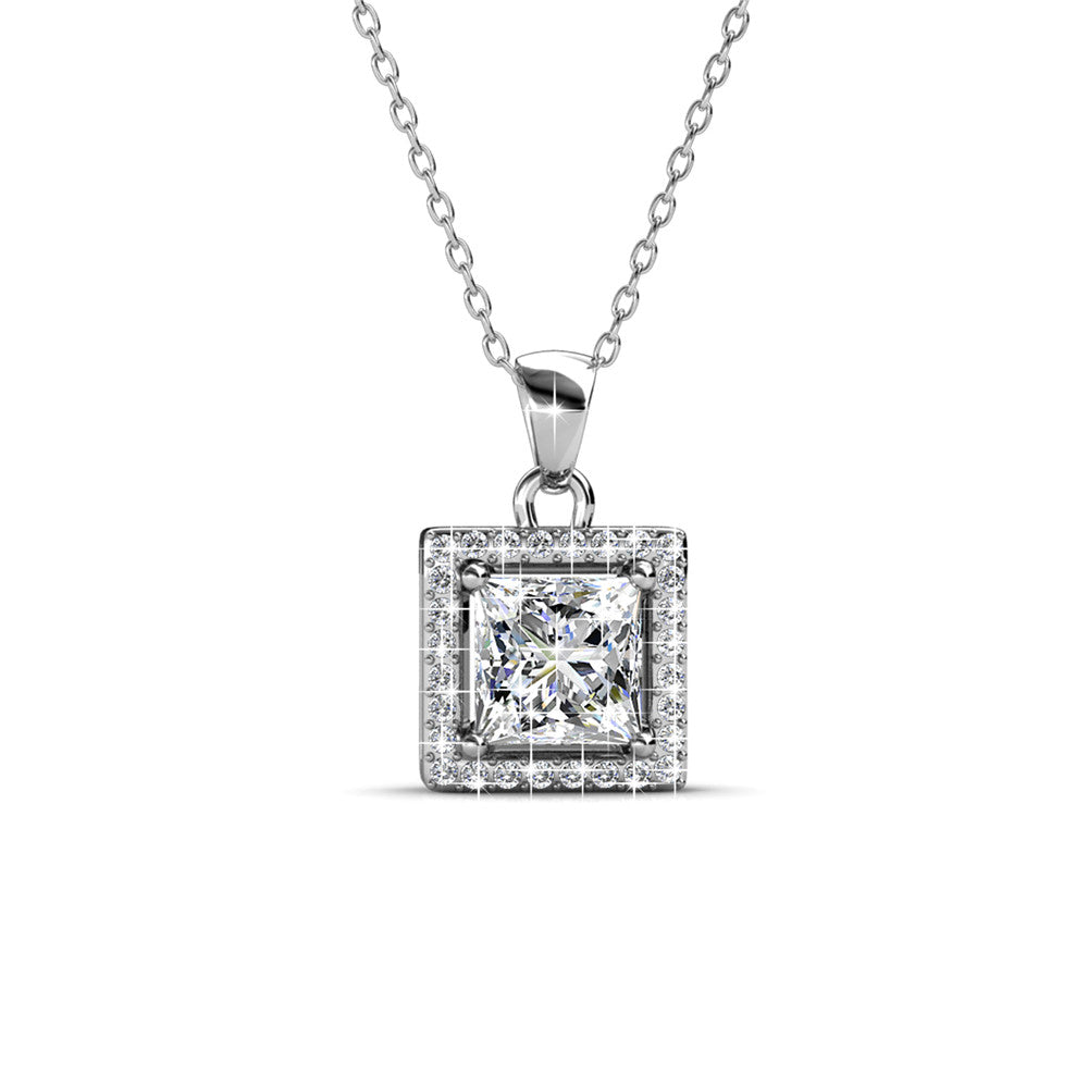 Ekatrina "Pure" 18k White Gold Plated Halo Pendant Necklace with Sparkling Square Cut Swarovski Crystal