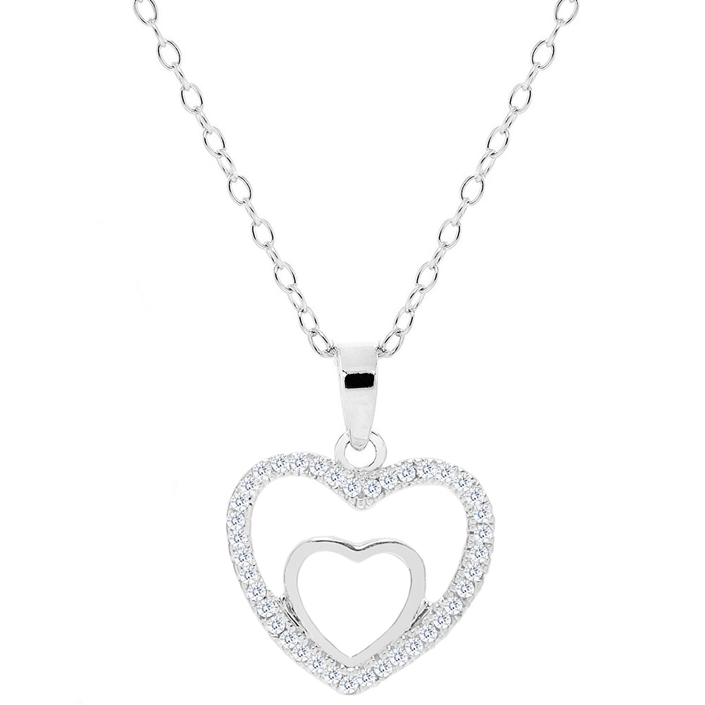 Amorette 18k White Gold Plated Double Heart Pendant Necklace with Pave CZ Crystals