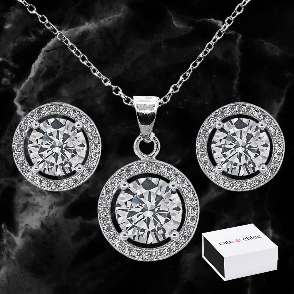 Ariel 18k White Gold Plated CZ Halo Stud Earrings and Necklace Jewelry Set
