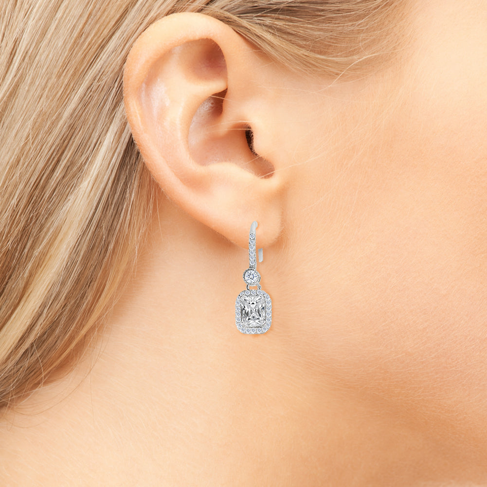 Athena 18k White Gold Plated Halo Drop Earrings with Dangling CZ Crystals