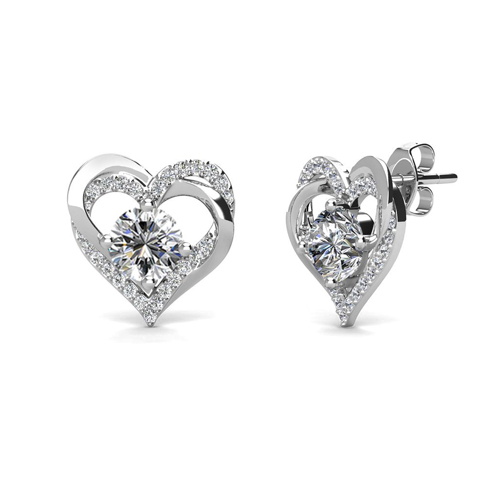 Forever Earrings - 18k White Gold Plated Birthstone Double Heart Crystal Earrings for Women