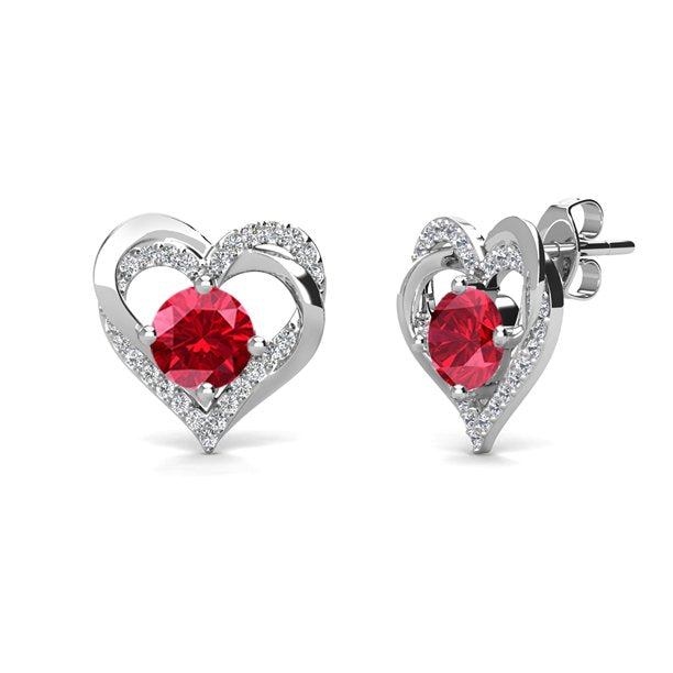 Forever 18k White Gold Plated Birthstone Double Heart Earrings with Crystals