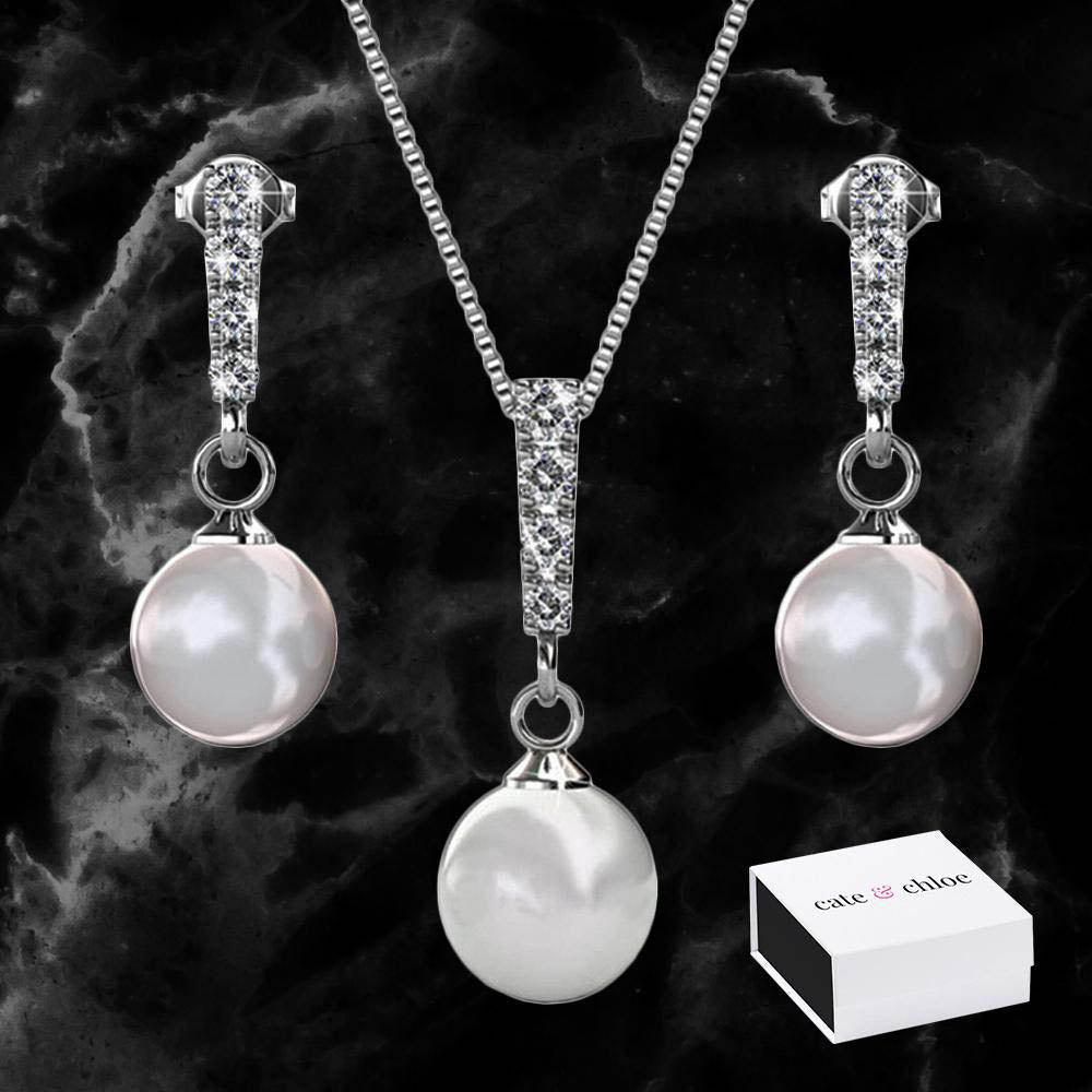 Gabrielle 18k White Gold Plated Swarovski Crystal Pearl Drop Earrings and Necklace Jewelry Set