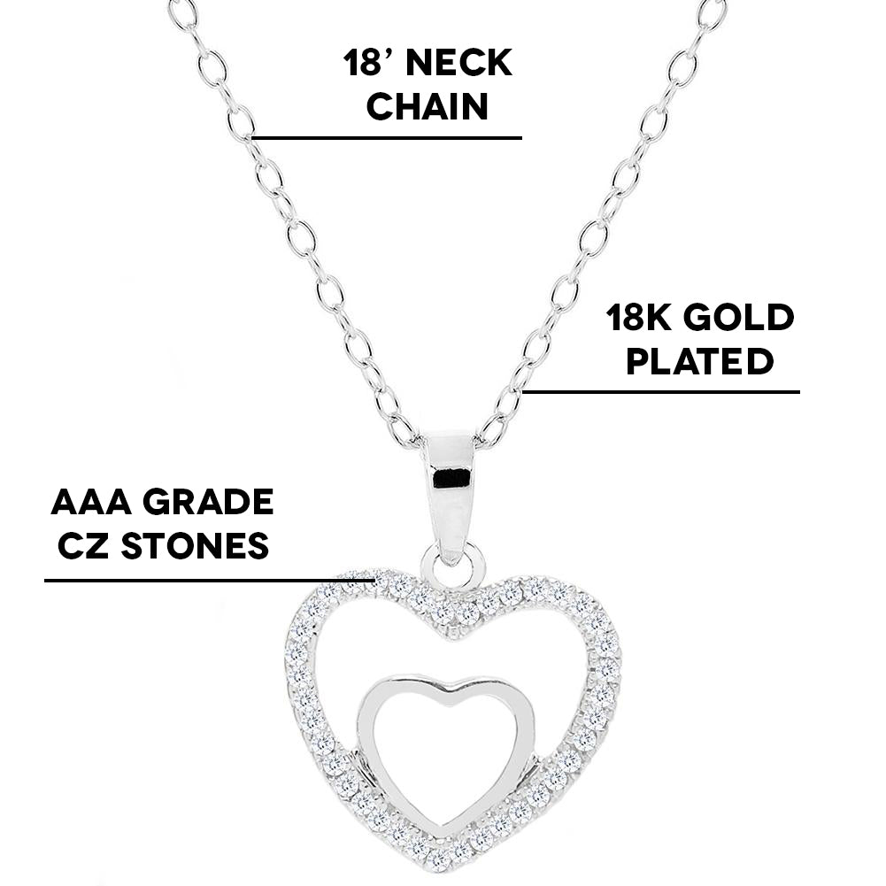 Amorette 18k White Gold Plated Double Heart Pendant Necklace with Pave CZ Crystals