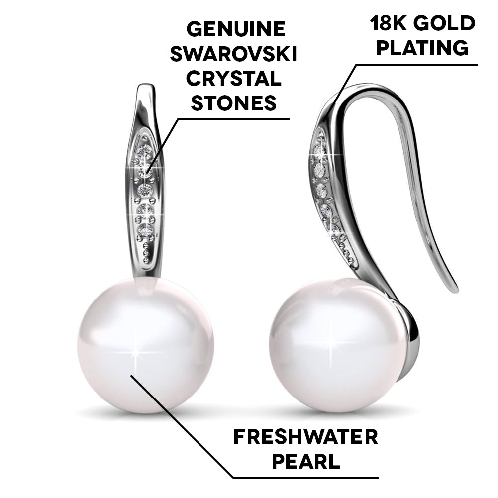 Ann 18k 白金淡水珍珠水晶吊式耳环