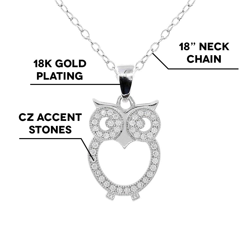 Ari "Wisdom" 18k White Gold Plated Owl Pendant Necklace with CZ Crystals