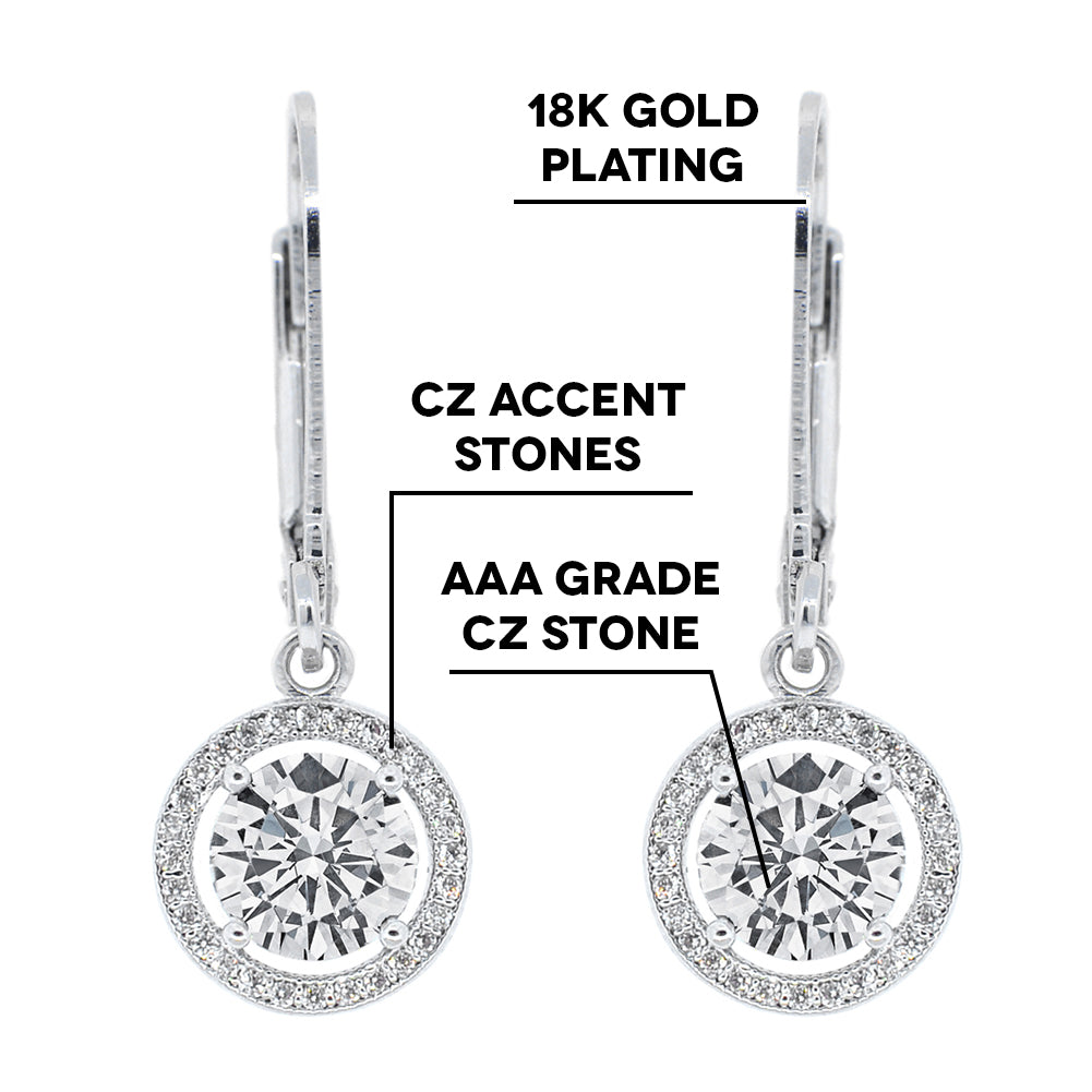 Sienna“Soar”18k 镀白金圆形切割方晶锆石水晶光环吊式耳环