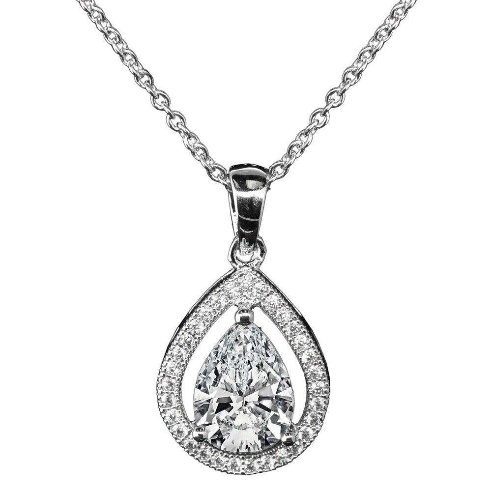 Isabel 18k White Gold Plated Halo Teardrop Necklace with CZ Crystals