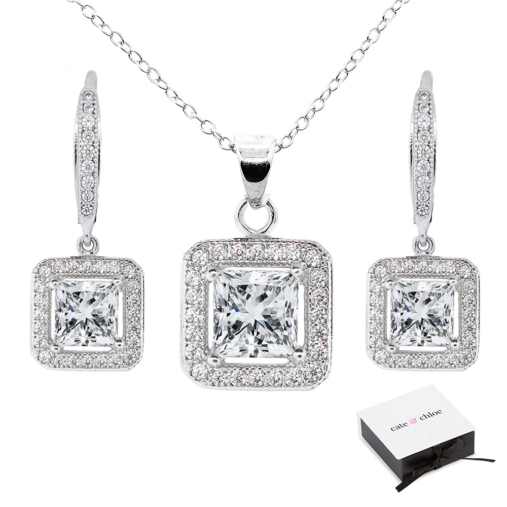 Ivy "Faithful" 18k White Gold Plated CZ Pendant Necklace and Earrings Jewelry Set