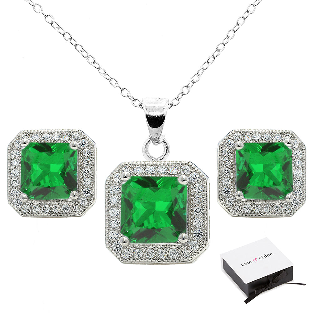 Londyn 18K White Gold Princess Cut Colored CZ Halo Necklace and Earrings Jewelry Set