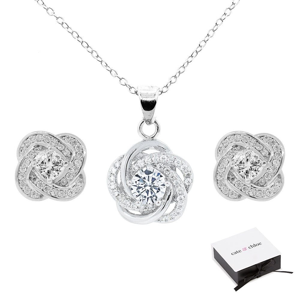 Stella "Cosmic" 18k White Gold Plated CZ Pendant Necklace and Earrings Jewelry Set