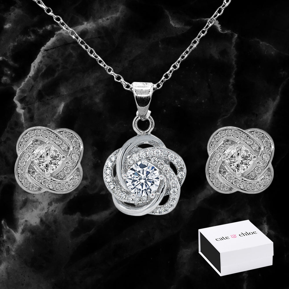 Stella "Cosmic" 18k White Gold Plated CZ Pendant Necklace and Earrings Jewelry Set